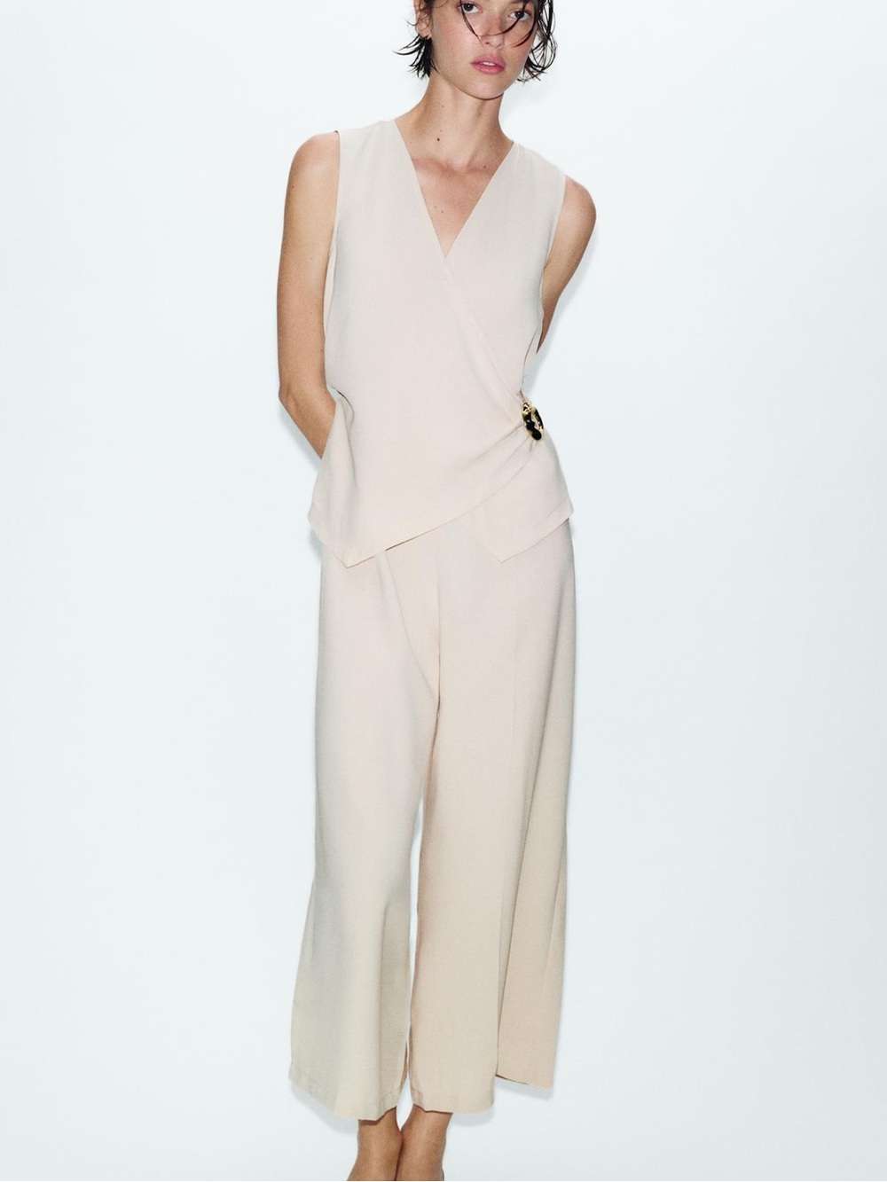 Zara Sleeveless Wrap Jumpsuit in Light Beige